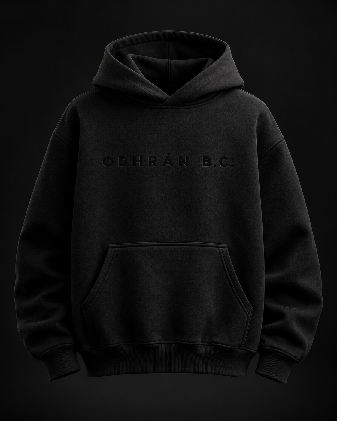 Heavyweight black ODHRÁN B.C. hoodie with tonal centre-chest wordmark